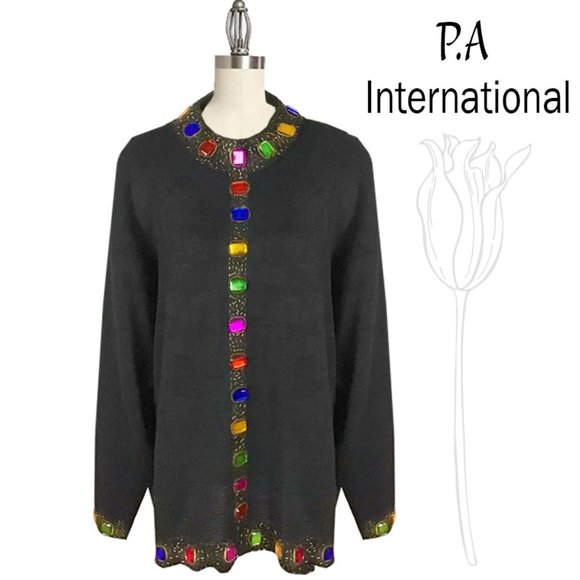 P.A. International Sweaters - P.A. International Vintage Black Embellished Stones Sweater